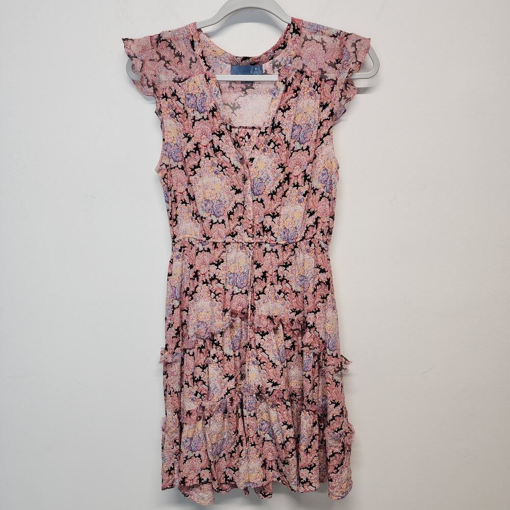 Lie Floral Tiered Flutter Sleeve Babydoll Dress Size 4 100% Silk Raw Hem Cottage